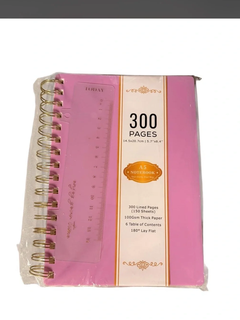 NWT- Pink A5 Spiral Notebook with Ruler - 300 Pages
